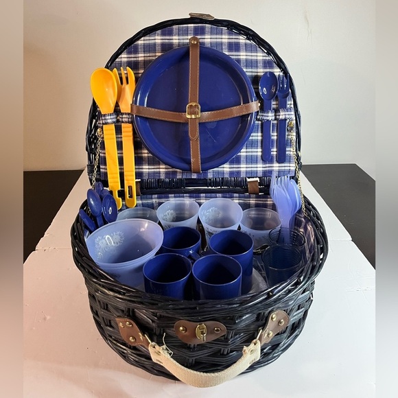 Vintage Blue Wicker Picnic Basket Set – 36+ Pieces Complete - Picture 1 of 16